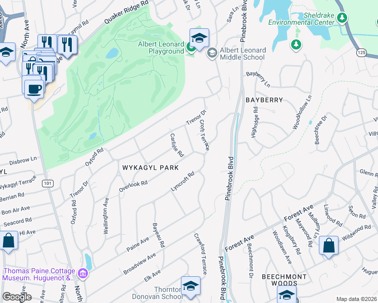 map of restaurants, bars, coffee shops, grocery stores, and more near 285 Overlook Road in New Rochelle