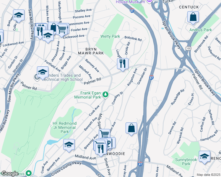 map of restaurants, bars, coffee shops, grocery stores, and more near 19 Little John Place in Yonkers