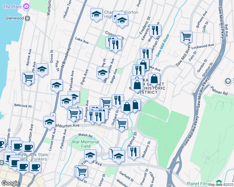 map of restaurants, bars, coffee shops, grocery stores, and more near 79 Vineyard Avenue in Yonkers
