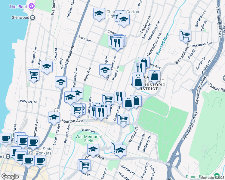 map of restaurants, bars, coffee shops, grocery stores, and more near 79 Vineyard Avenue in Yonkers