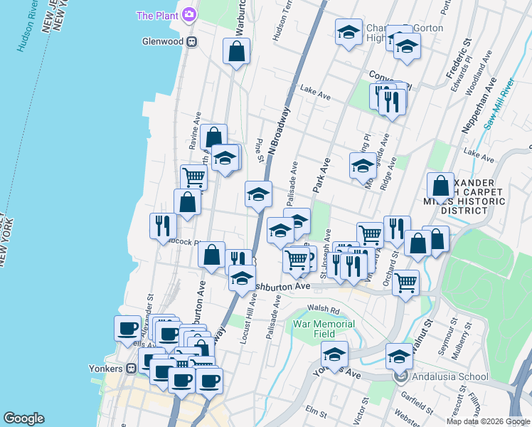 map of restaurants, bars, coffee shops, grocery stores, and more near in Yonkers