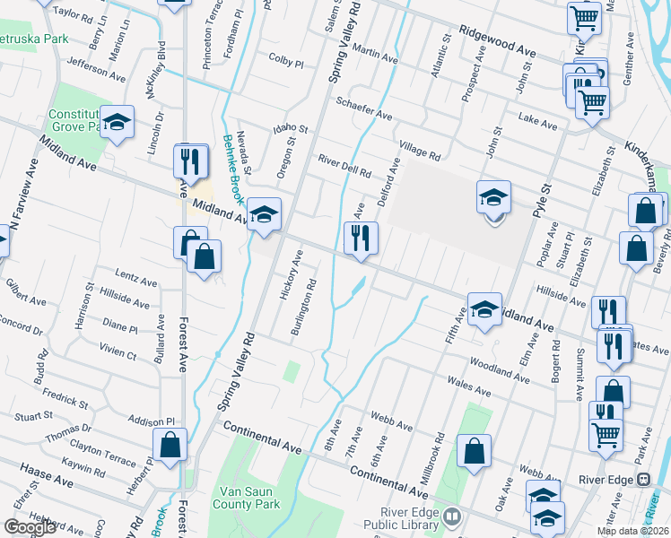 map of restaurants, bars, coffee shops, grocery stores, and more near 412 Burlington Road in Paramus