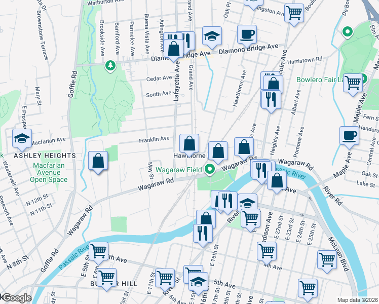 map of restaurants, bars, coffee shops, grocery stores, and more near 10 Washington Street in Hawthorne