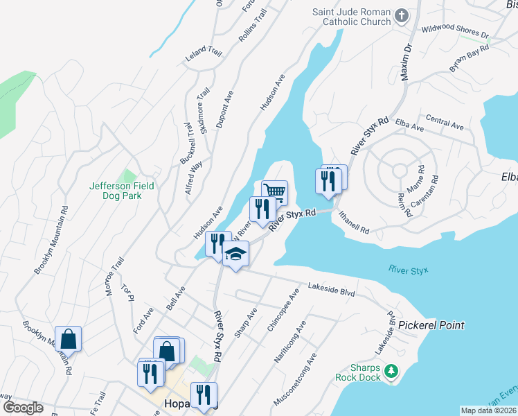 map of restaurants, bars, coffee shops, grocery stores, and more near 38 West River Styx Road in Hopatcong