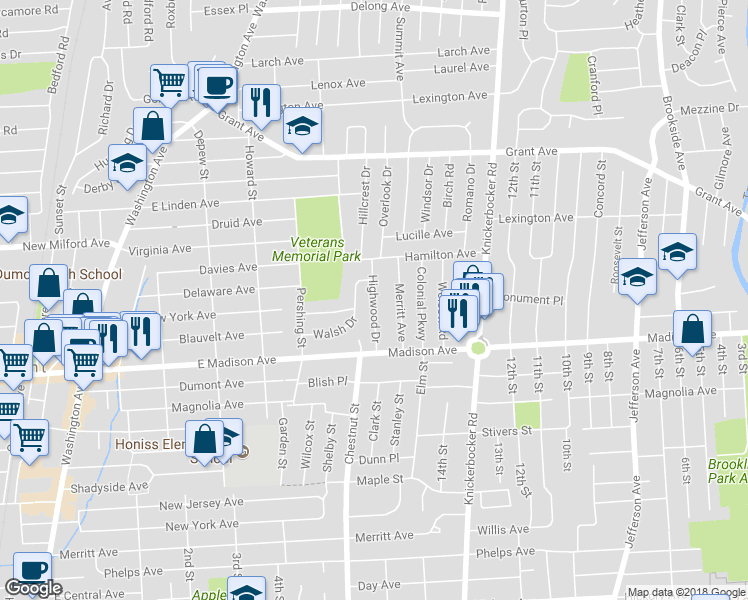 map of restaurants, bars, coffee shops, grocery stores, and more near 55 Highwood Drive in Dumont