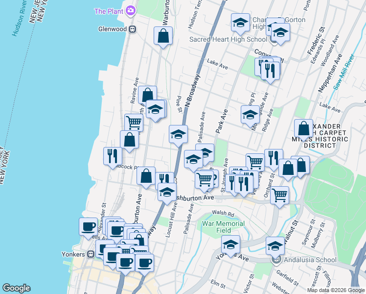 map of restaurants, bars, coffee shops, grocery stores, and more near in Yonkers