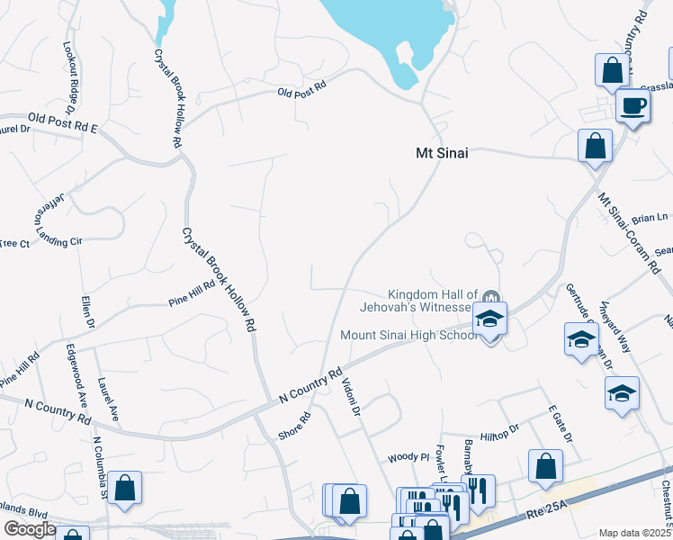 map of restaurants, bars, coffee shops, grocery stores, and more near 64 Shore Road in Mount Sinai