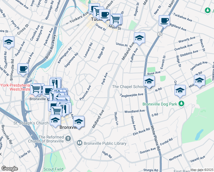map of restaurants, bars, coffee shops, grocery stores, and more near 54 Park Avenue in Bronxville