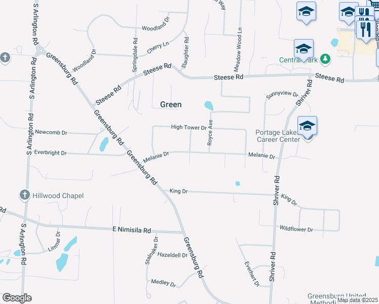 map of restaurants, bars, coffee shops, grocery stores, and more near 1459 Melanie Drive in Uniontown