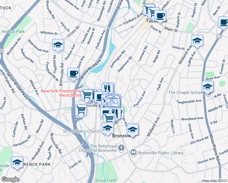 map of restaurants, bars, coffee shops, grocery stores, and more near 26 Gramatan Court in Bronxville