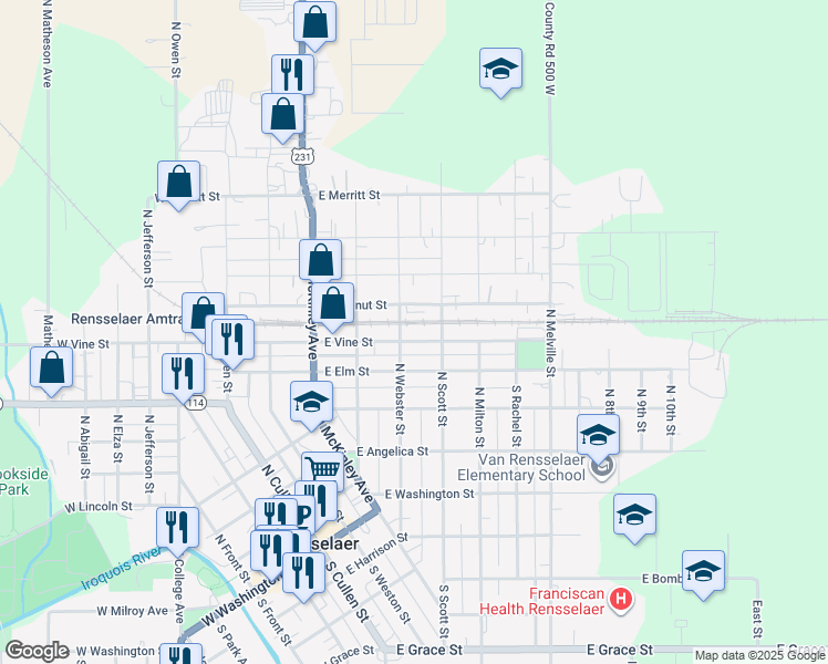 map of restaurants, bars, coffee shops, grocery stores, and more near 515 East Vine Street in Rensselaer