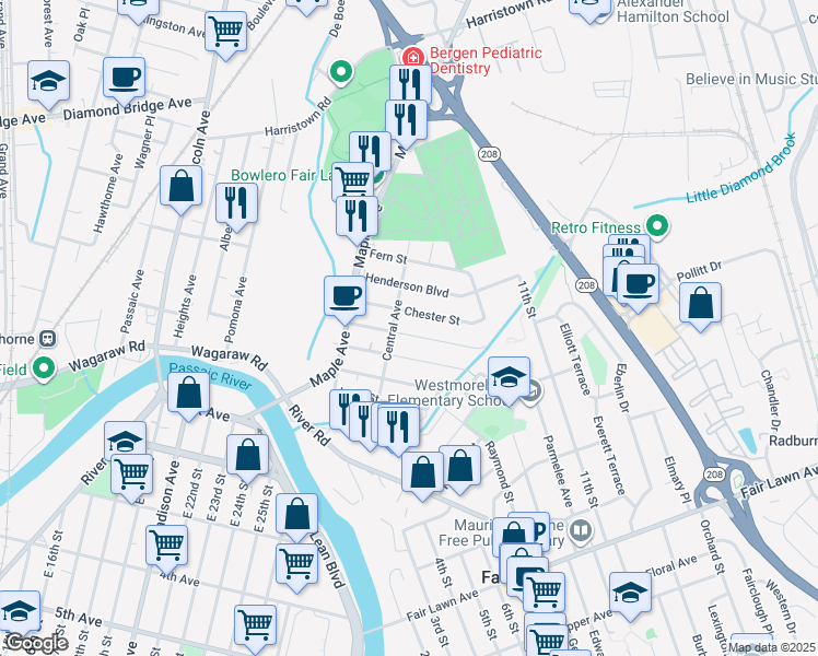 map of restaurants, bars, coffee shops, grocery stores, and more near 8-32 Forest Street in Fair Lawn