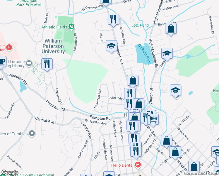 map of restaurants, bars, coffee shops, grocery stores, and more near 12 Woodside Avenue in Haledon