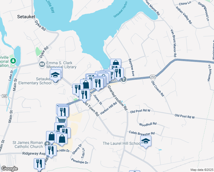 map of restaurants, bars, coffee shops, grocery stores, and more near 249 Main Street in Setauket- East Setauket