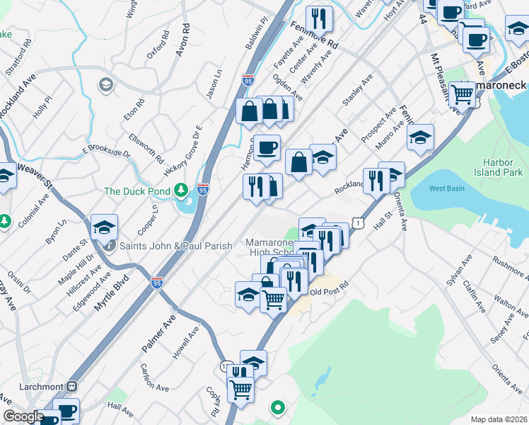 map of restaurants, bars, coffee shops, grocery stores, and more near 210 Fulton Road in Mamaroneck