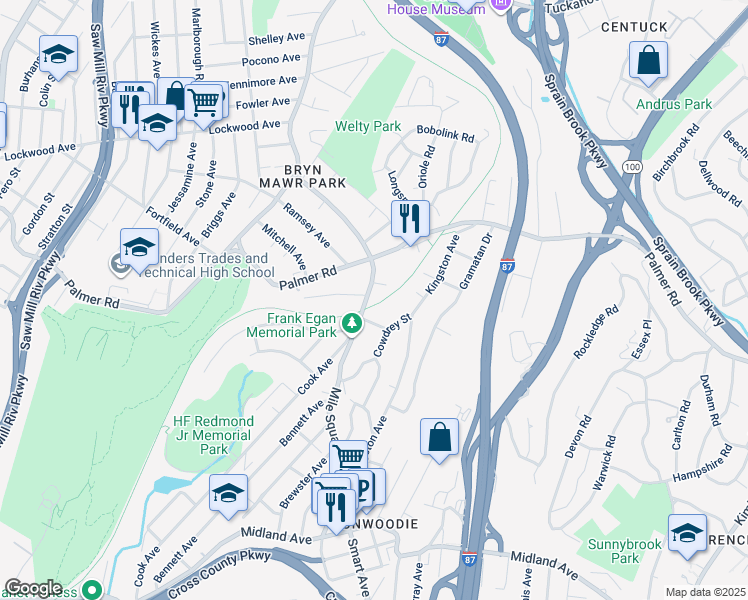 map of restaurants, bars, coffee shops, grocery stores, and more near 19 Little John Place in Yonkers
