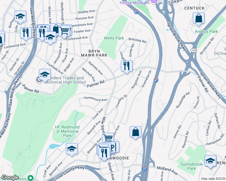 map of restaurants, bars, coffee shops, grocery stores, and more near 311 Mile Square Road in Yonkers