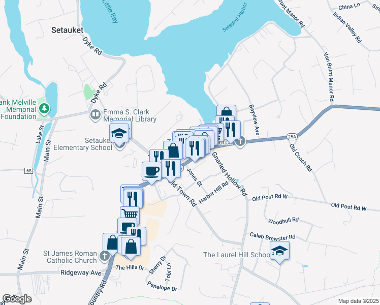 map of restaurants, bars, coffee shops, grocery stores, and more near 249 Main Street in Setauket- East Setauket
