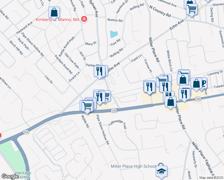 map of restaurants, bars, coffee shops, grocery stores, and more near 101 Sylvan Avenue in Miller Place
