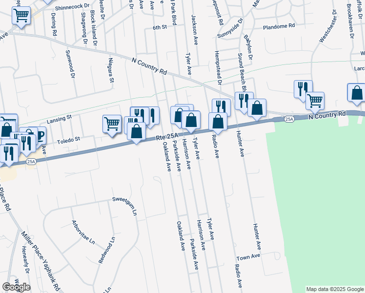 map of restaurants, bars, coffee shops, grocery stores, and more near 162 Harrison Avenue in Miller Place