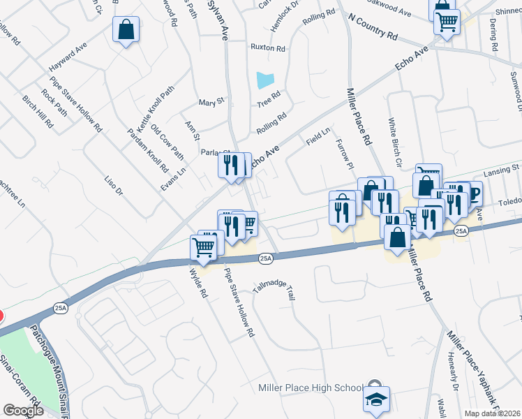 map of restaurants, bars, coffee shops, grocery stores, and more near 121 Sylvan Avenue in Miller Place