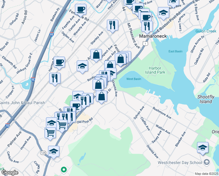 map of restaurants, bars, coffee shops, grocery stores, and more near 624 Hall Street in Mamaroneck