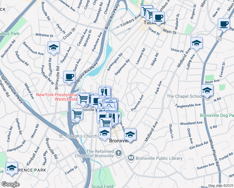 map of restaurants, bars, coffee shops, grocery stores, and more near 26 Gramatan Court in Bronxville