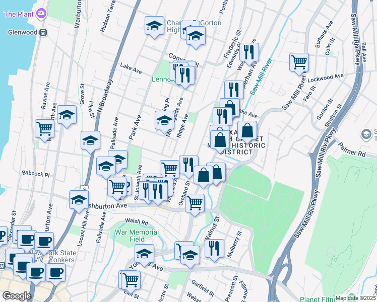 map of restaurants, bars, coffee shops, grocery stores, and more near 79 Vineyard Avenue in Yonkers