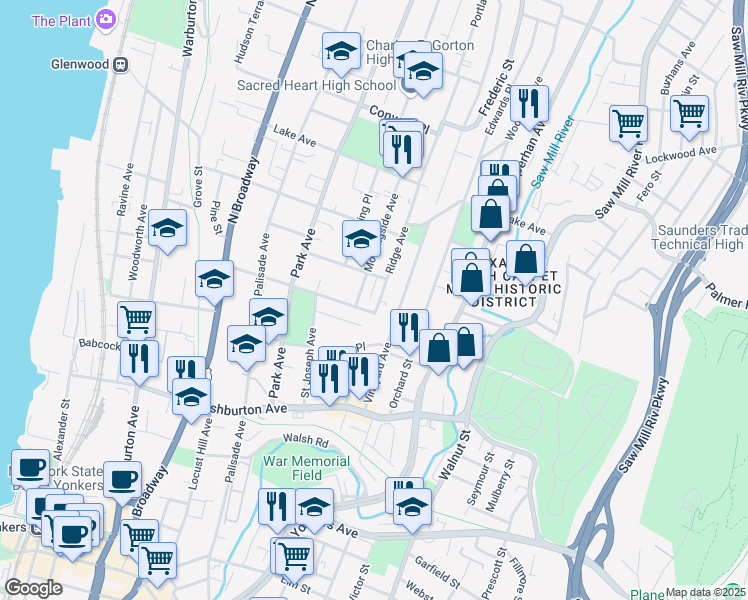 map of restaurants, bars, coffee shops, grocery stores, and more near 106 High Street in Yonkers