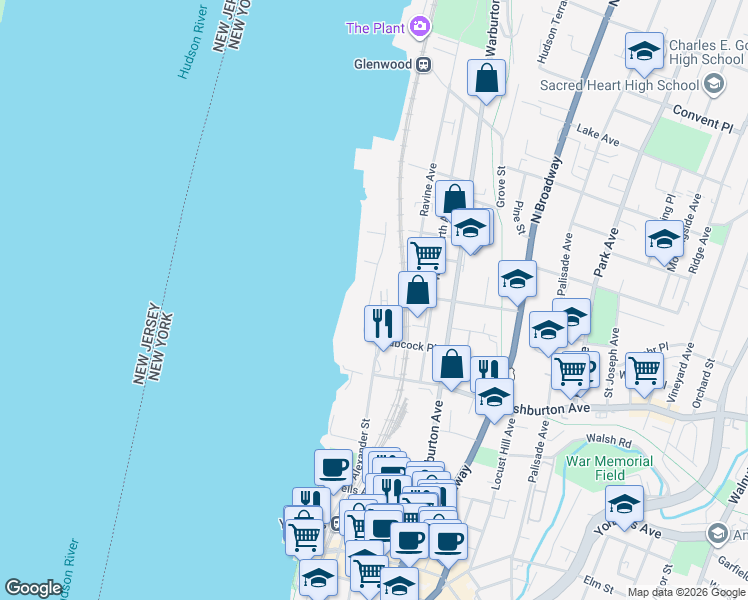 map of restaurants, bars, coffee shops, grocery stores, and more near 15 Babcock Place in Yonkers