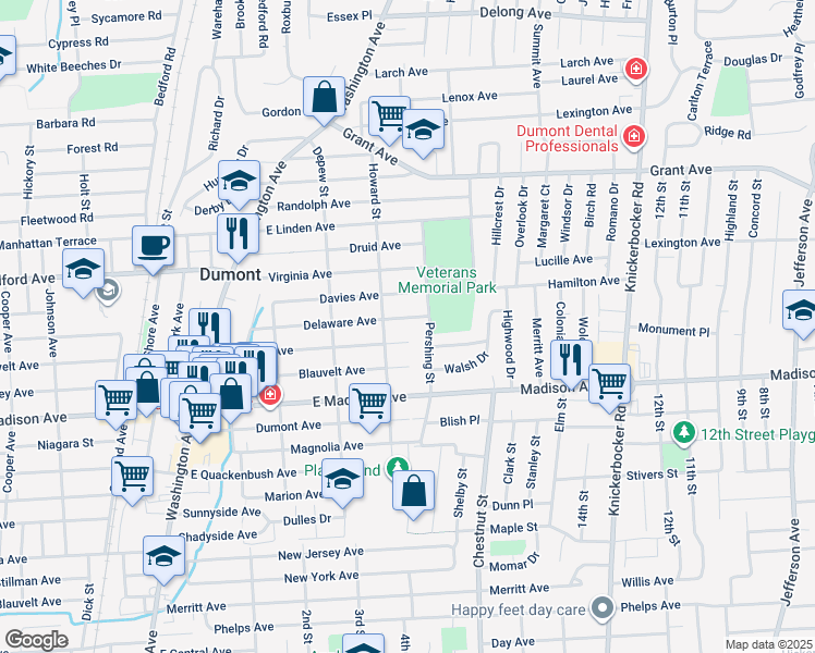 map of restaurants, bars, coffee shops, grocery stores, and more near 139 Howard Street in Dumont