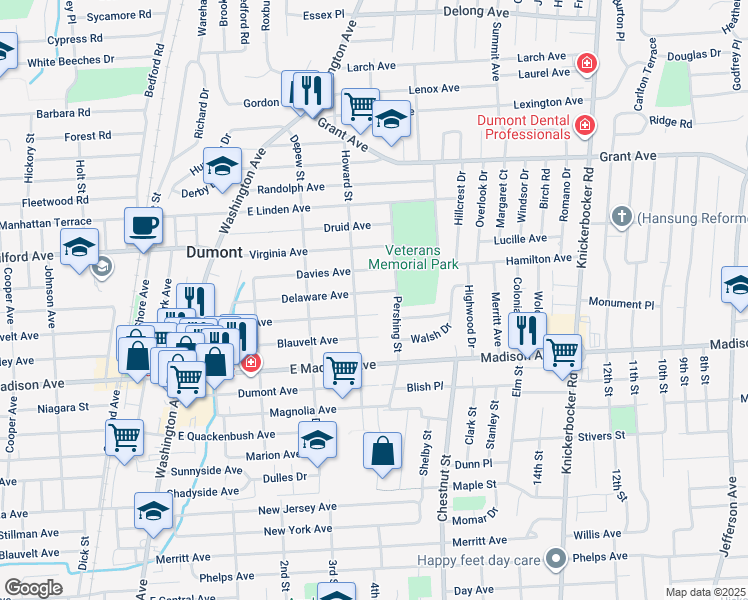 map of restaurants, bars, coffee shops, grocery stores, and more near 139 Howard Street in Dumont