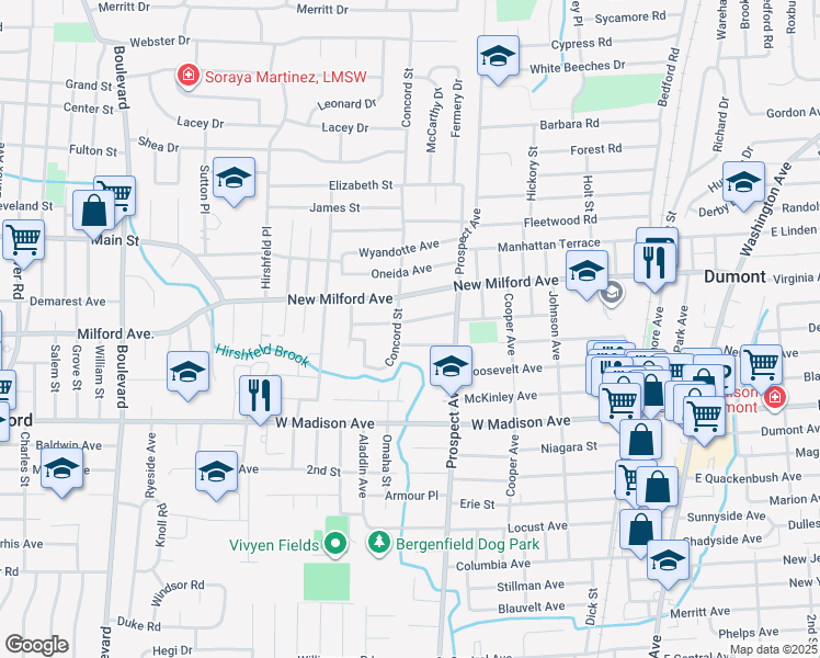 map of restaurants, bars, coffee shops, grocery stores, and more near 55 Concord Street in Dumont