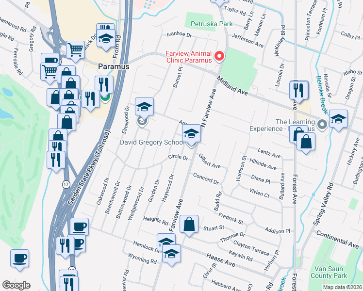 map of restaurants, bars, coffee shops, grocery stores, and more near 121 Circle Drive in Paramus