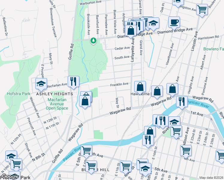 map of restaurants, bars, coffee shops, grocery stores, and more near 66 Elberon Avenue in Hawthorne