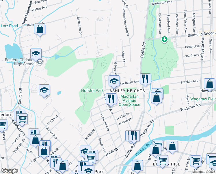 map of restaurants, bars, coffee shops, grocery stores, and more near 160 Mohawk Avenue in Hawthorne