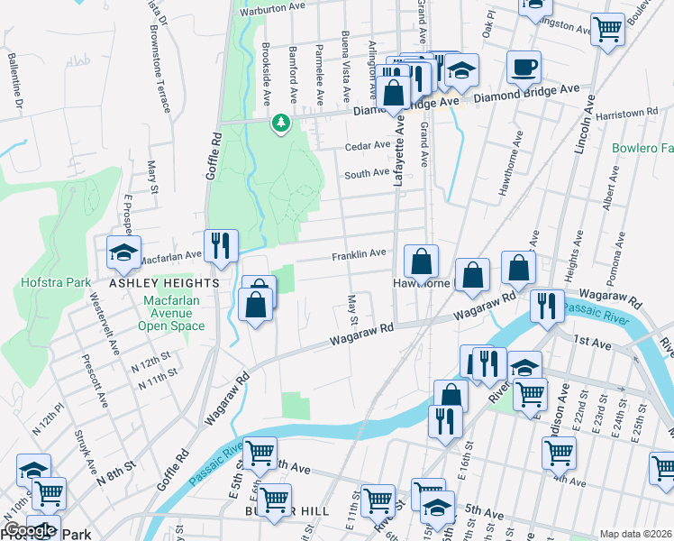 map of restaurants, bars, coffee shops, grocery stores, and more near 66 Elberon Avenue in Hawthorne