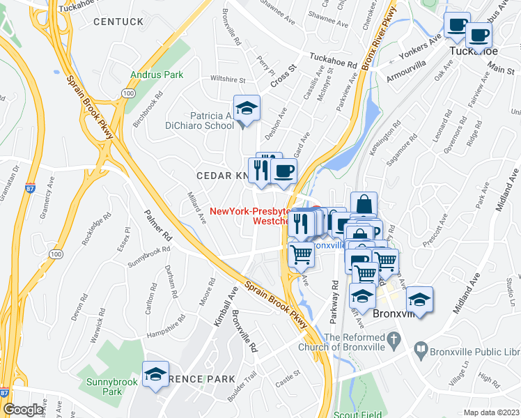 map of restaurants, bars, coffee shops, grocery stores, and more near 264 Bronxville Road in Yonkers