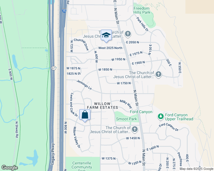 map of restaurants, bars, coffee shops, grocery stores, and more near 1724 North 400 West in Centerville