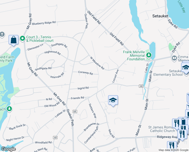 map of restaurants, bars, coffee shops, grocery stores, and more near 16 Coraway Road in Setauket- East Setauket
