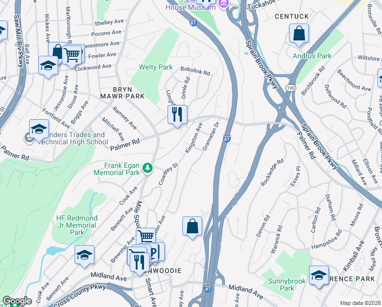 map of restaurants, bars, coffee shops, grocery stores, and more near 87 Gramatan Drive in Yonkers