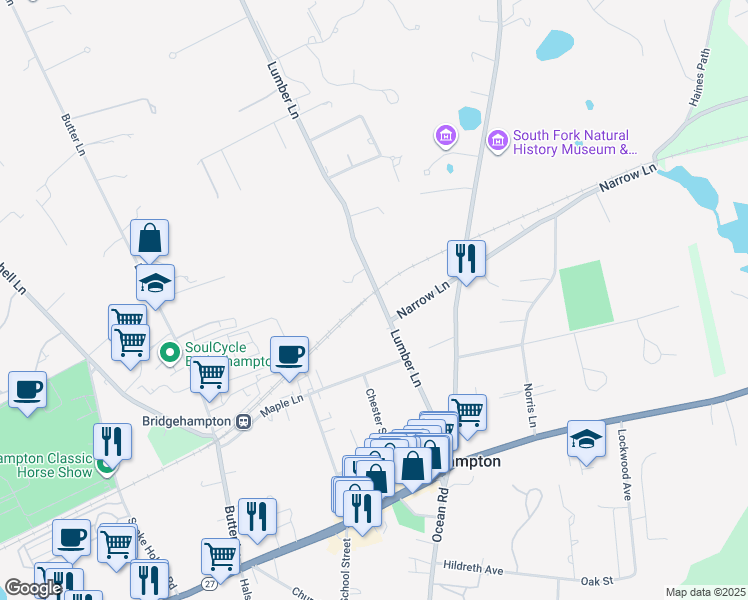 map of restaurants, bars, coffee shops, grocery stores, and more near 184 Lumber Lane in East Hampton