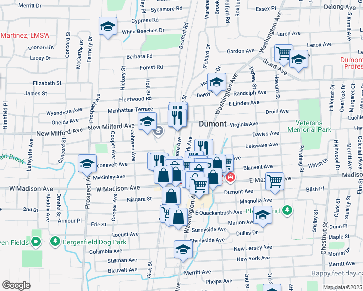 map of restaurants, bars, coffee shops, grocery stores, and more near 109 West Shore Avenue in Dumont