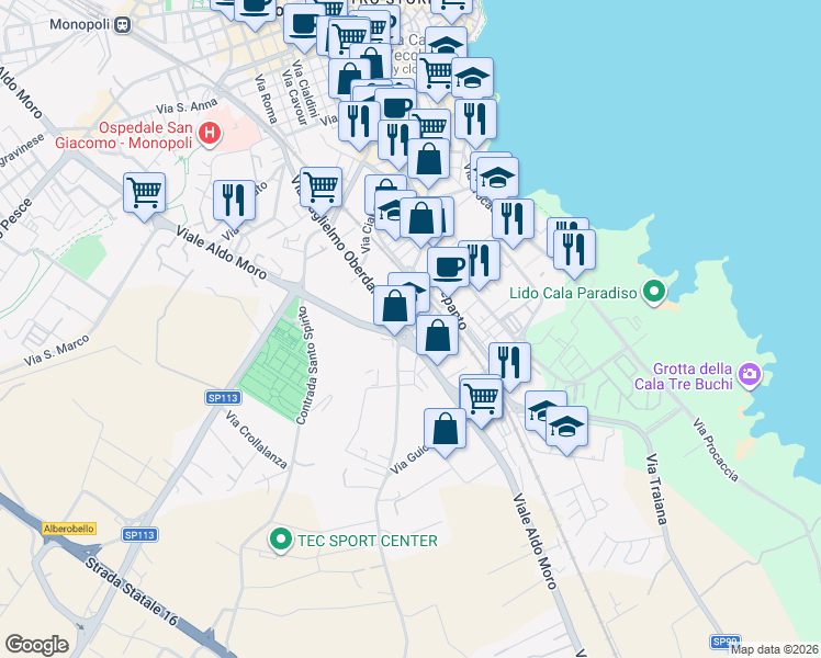 map of restaurants, bars, coffee shops, grocery stores, and more near 12C Piazza San Francesco da Paola in Monopoli