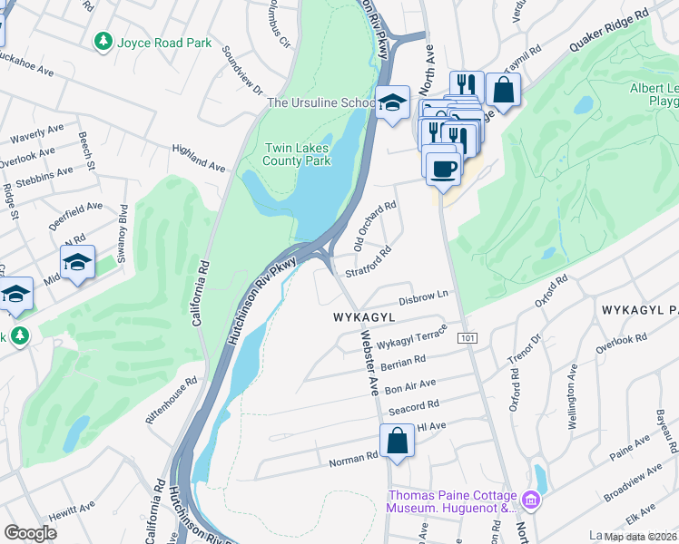 map of restaurants, bars, coffee shops, grocery stores, and more near 1174 Webster Avenue in New Rochelle