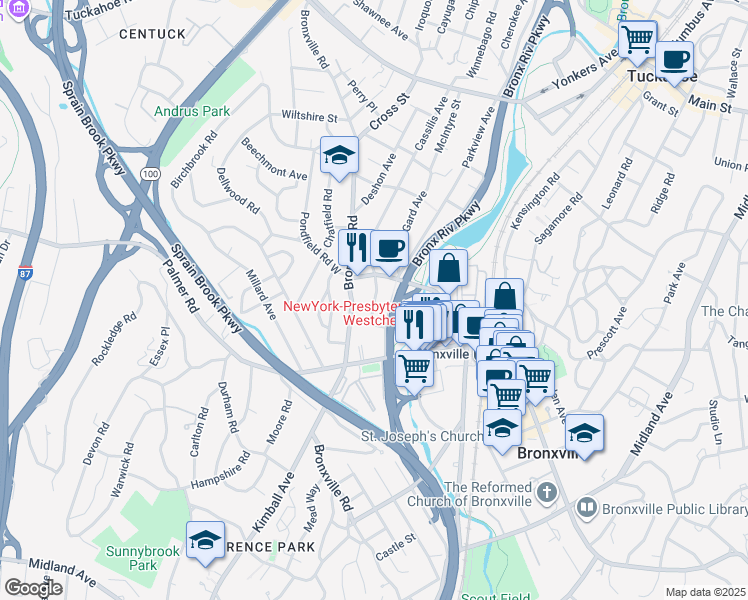 map of restaurants, bars, coffee shops, grocery stores, and more near 681 Bronx River Parkway in Yonkers