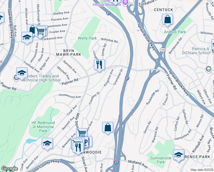 map of restaurants, bars, coffee shops, grocery stores, and more near 87 Gramatan Drive in Yonkers