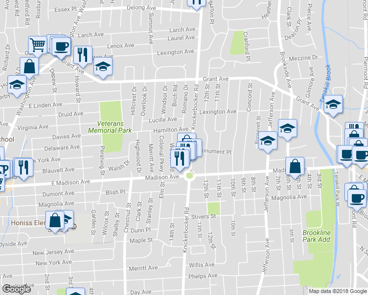 map of restaurants, bars, coffee shops, grocery stores, and more near 85 West Madison Avenue in Dumont