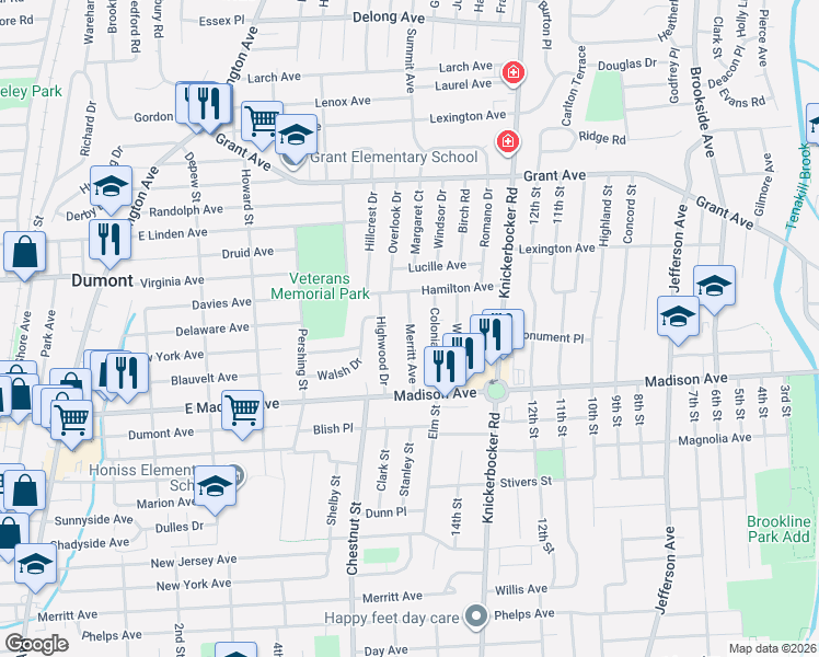 map of restaurants, bars, coffee shops, grocery stores, and more near 35 Merritt Avenue in Dumont