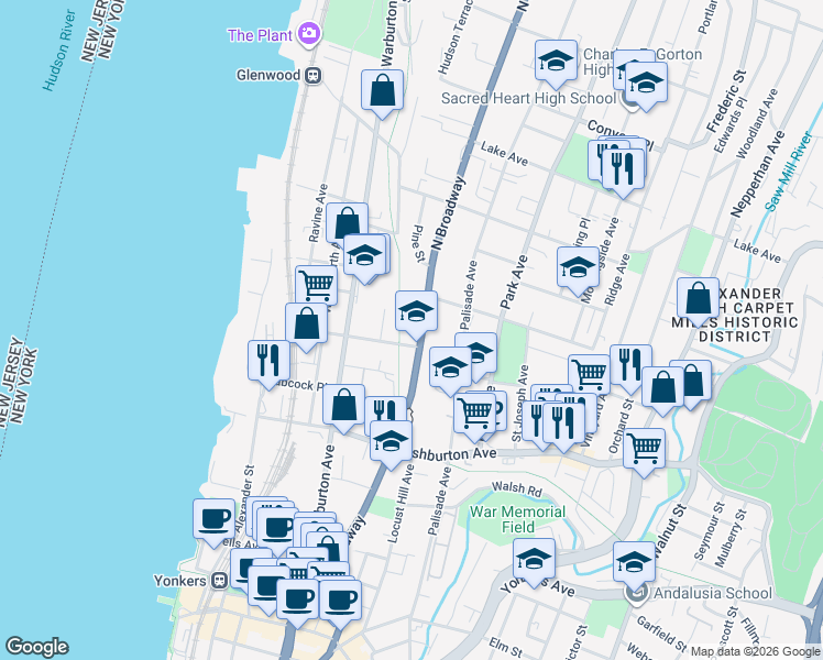 map of restaurants, bars, coffee shops, grocery stores, and more near 237 Broadway in Yonkers